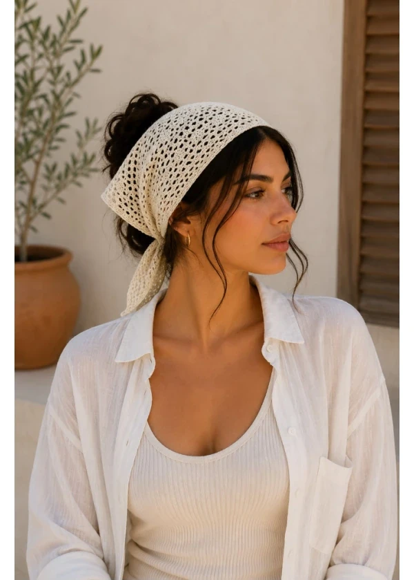 Örgü Bandana Krem