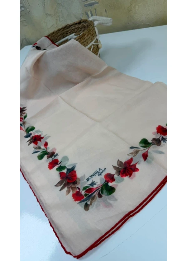 Çiçek Şerit Pamuk Soft Eşarp