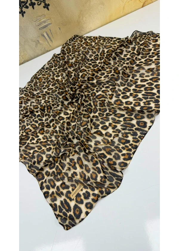 Avantgard Leopar Desenli Dikişli Eşarp Yazma